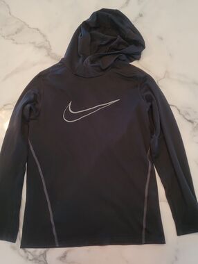 Kids Nike Black Hooded Long Sleeve Top with Gray Swoosh Size L